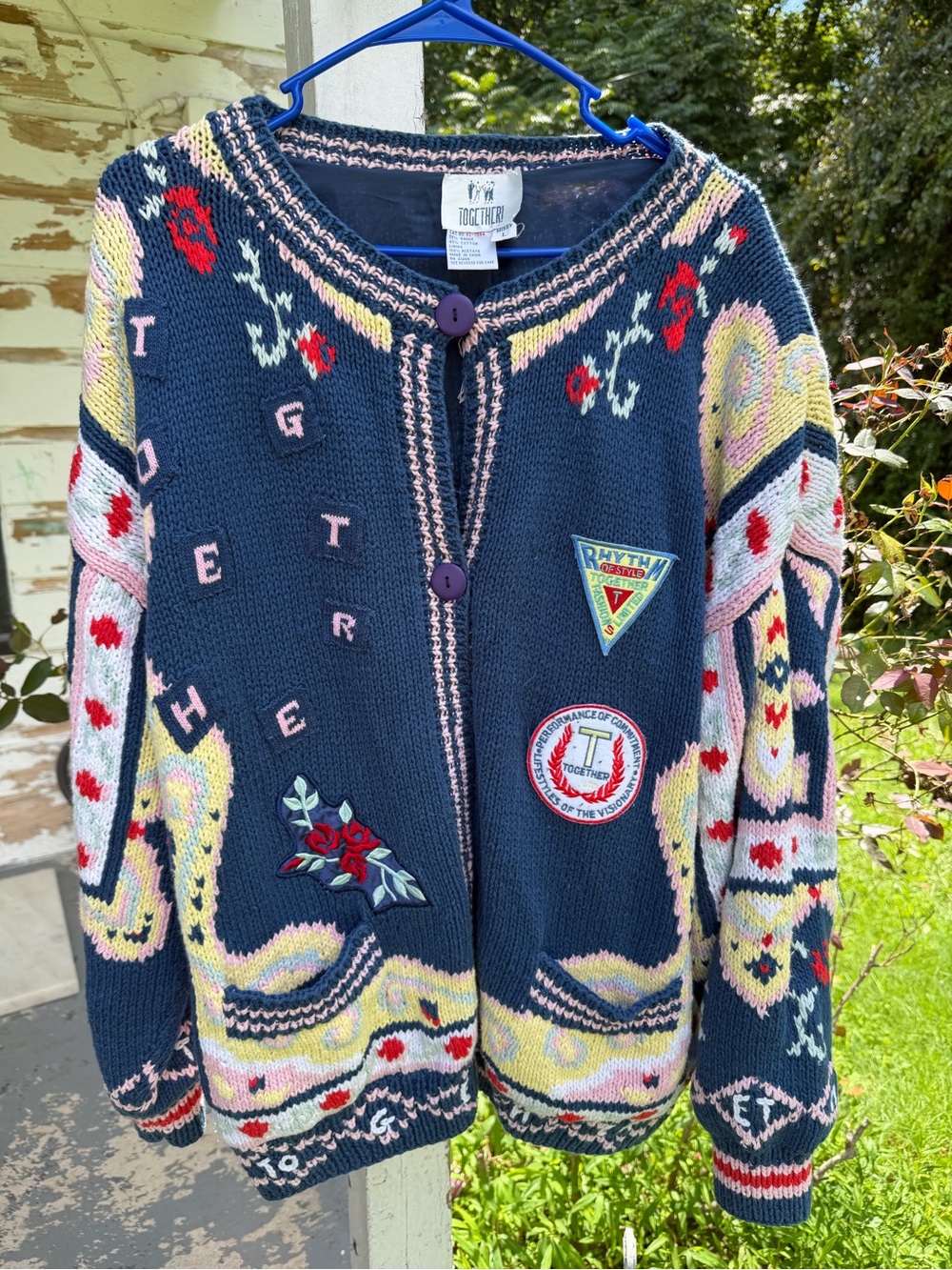 Together Navy Button-Front Cardigan with Multicolor Knit Motifs